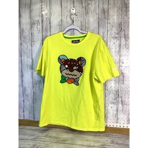 BKYS Men's Neon Yellow Graphic T-Shirt - Patchwork Bear Design - Size XL